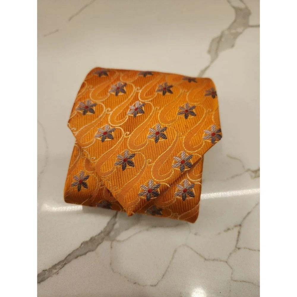Villa Bolghert Men's 100% Silk Necktie‎ ITALY Designer Orange Swirl Blue Florals